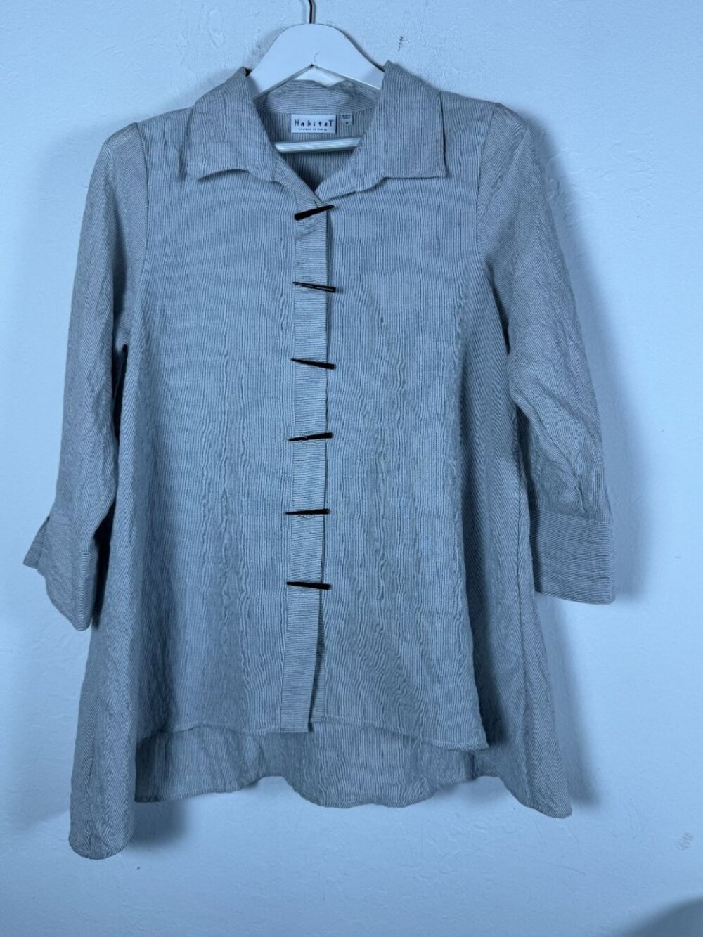 Habitat Womens White Striped Button Front Tunic Shirt Top Medium 3/4 Sleeve